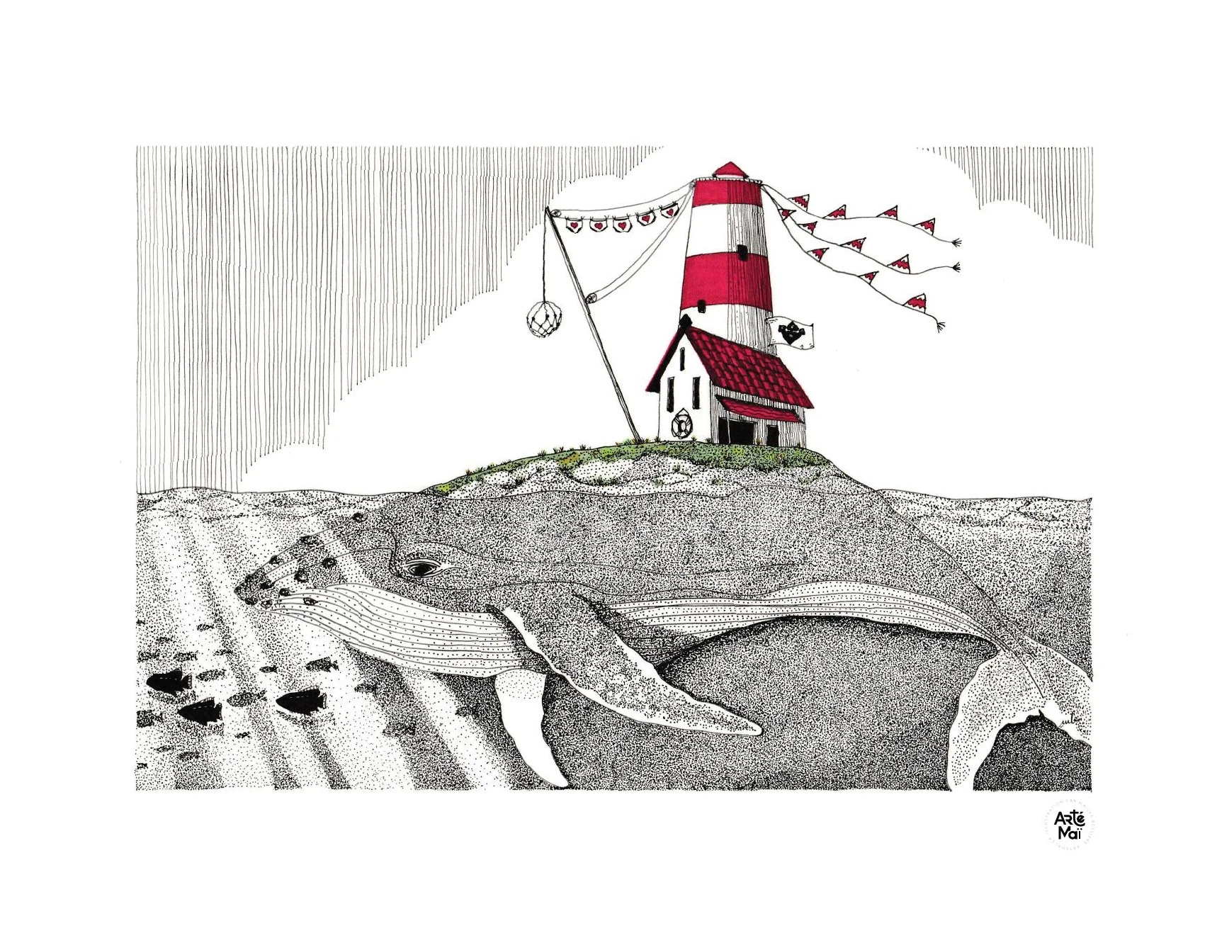 Illustration, représentant une baleine majestueuse portant un phare sur son dos. J'ai été inspirée par mes voyages sur la Côte-Nord ou en Gaspésie au Québec L'oeuvre originale a été réalisée à l'encre noire et pour la couleur encre alcool et crayon de couleur.